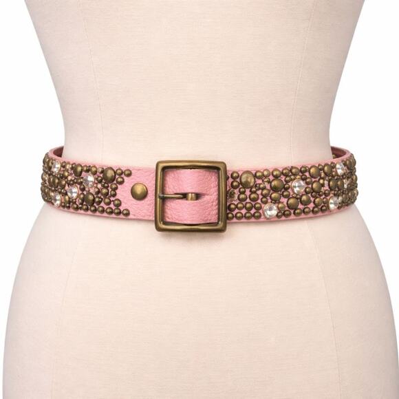 Source Unknown Accessories - Vintage Pink Studded Leather Belt Rhinestones Gold Studs Glam Y2K Boho M/L